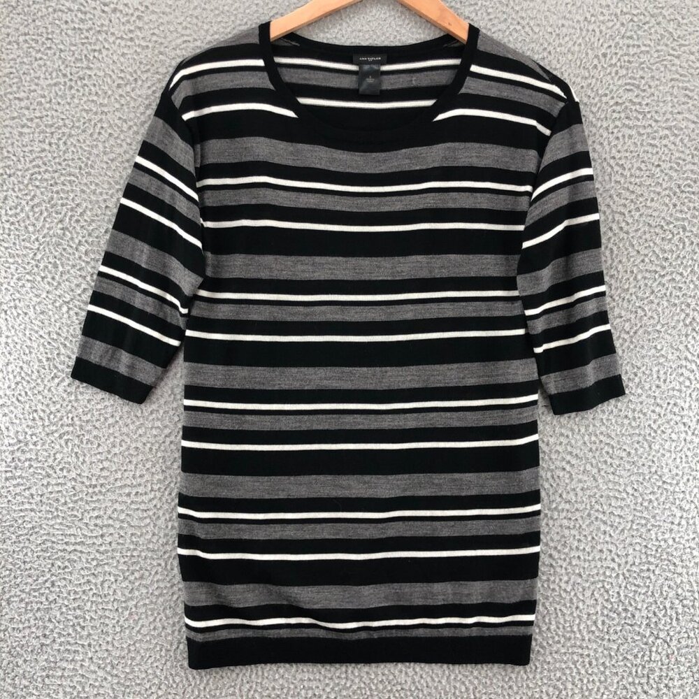 Ann Taylor Sweater Womens Small Black Gray Stripe Merino Wool Blend 3/4 Sleeve